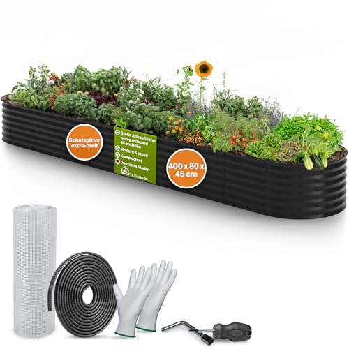 TTL GARDEN 400x80x45cm Elegance XXL Metall Hochbeet Anthrazit - Stahl rostfrei verzinkt & grau lackiert Wellblech ovale Form sehr stabil Garten Beet für Gemüse Kräuter Blumen Gartenbeet Gemüsebeet von TTL GARDEN