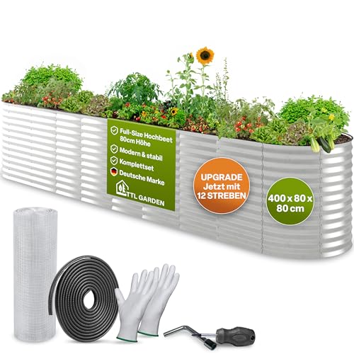 TTL GARDEN 400x80x80cm Spirit XXL Metall Hochbeet Silber - Stahl rostfrei verzinkt Wellblech ovale Form extra groß stabil & wetterfest Garten Beet für Gemüse Kräuter Blumen Gartenbeet Gemüsebeet von TTL GARDEN