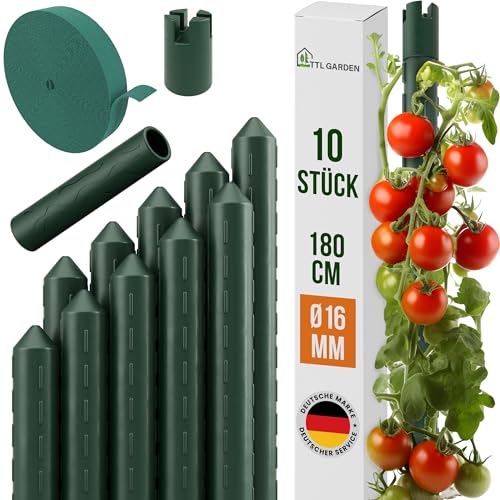 TTL GARDEN Rankstäbe 10er Set 180cm x 16mm Ø grün - extra stabile 16 mm Rankhilfe Pflanzstäbe + Klettband - Stahl rostfrei kunststoffbeschichtet Pflanzenstütze Blumenstütze Tomaten Paprika Blumen von TTL GARDEN