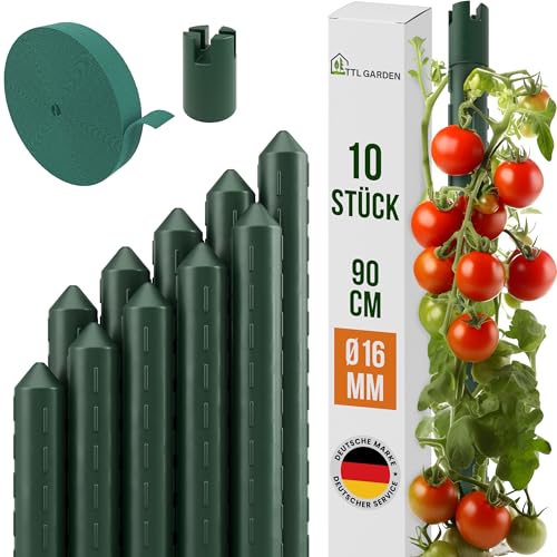 TTL GARDEN Rankstäbe 10er Set 90cm x 16mm Ø grün - extra stabile 16 mm Rankhilfe Pflanzstäbe + Klettband - Stahl rostfrei kunststoffbeschichtet Pflanzenstütze Blumenstütze für Tomaten Paprika Blumen von TTL GARDEN