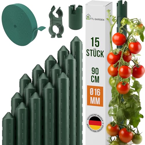 TTL GARDEN Rankstäbe 15er Set 90cm x 16mm Ø grün - extra stabile 16 mm Rankhilfe Pflanzstäbe + Klettband + Clips Stahl rostfrei kunststoffbeschichtet Pflanzenstütze Blumenstütze Tomaten Paprika Blumen von TTL GARDEN