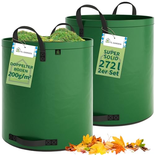 TTL Garden 2x 272L SUPER SOLID Gartensack grün - DOPPELTER BODEN 2x200 gsm extra stabil & reißfest selbststehend 4 Griffe groß robust 2er Set Laubsack Abfallsack für Gras Laub Hecke Gartenabfall von TTL GARDEN