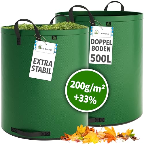 TTL Garden 2x 500L SUPER SOLID Gartensack grün - DOPPELTER BODEN 2x200 gsm extra stabil & reißfest selbststehend 4 Griffe groß robust 2er Set Laubsack Abfallsack für Gras Laub Hecke Gartenabfall von TTL GARDEN