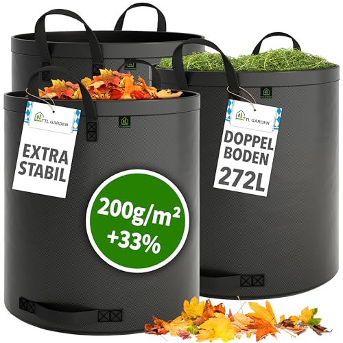 TTL Garden 3x 272L SUPER SOLID Gartensack grau - DOPPELTER BODEN 2x200 gsm extra stabil & reißfest selbststehend 4 Griffe groß robust 3er Set Laubsack Abfallsack für Gras Laub Hecke Gartenabfall von TTL GARDEN