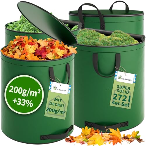 TTL Garden 4x 272L SUPER SOLID Gartensack MIT DECKEL grün - DOPPELTER BODEN 2x200 gsm extra stabil & reißfest selbststehend 4 Griffe 4er Set Laubsack Abfallsack für Gras Laub Hecke Gartenabfall von TTL GARDEN
