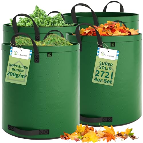 TTL Garden 4x 272L SUPER SOLID Gartensack grün - DOPPELTER BODEN 2x200 gsm extra stabil & reißfest selbststehend 4 Griffe groß robust 4er Set Laubsack Abfallsack für Gras Laub Hecke Gartenabfall von TTL GARDEN