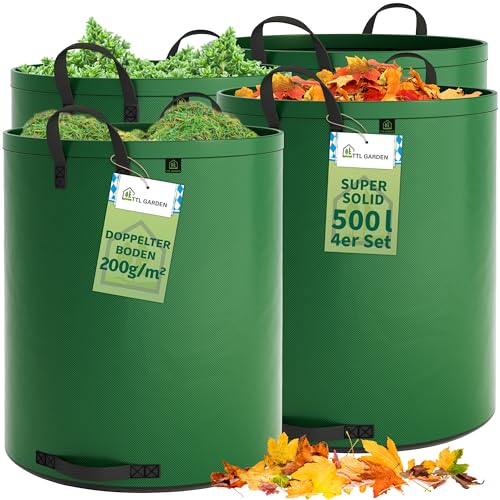 TTL Garden 4x 500L SUPER SOLID Gartensack grün - DOPPELTER BODEN 2x200 gsm extra stabil & reißfest selbststehend 4 Griffe groß robust 4er Set Laubsack Abfallsack für Gras Laub Hecke Gartenabfall von TTL GARDEN