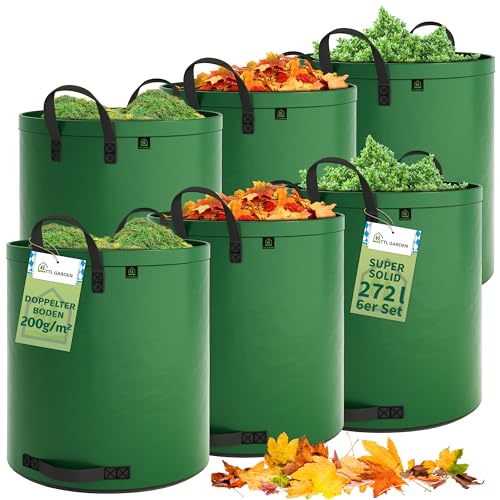 TTL Garden 6x 272L SUPER SOLID Gartensack grün - DOPPELTER BODEN 2x200 gsm extra stabil & reißfest selbststehend 4 Griffe groß robust 6er Set Laubsack Abfallsack für Gras Laub Hecke Gartenabfall von TTL GARDEN