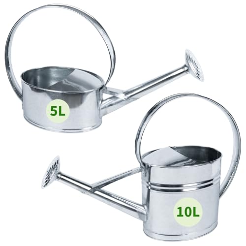 TTL Garden Metall Gießkanne verzinkt 5L + 10L Set - Zinkgießkanne mit Gießbrause abschraubbar - 1x 5 L & 1x 10 L Volumen ovale rostfreie Zink Giesskanne verzinktes Stahl Blech praktisch dekorativ von TTL GARDEN