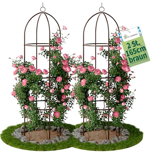 TTL Garden Obelisk Rankhilfe L 165x40cm braun 2er Set - Rosen Rankgitter Metall rostfrei für Kletterpflanzen Rosen Clematis - pulverbeschichteter Stahl 165 cm hoch 40cm Ø Rankturm Tomaten Gurken von TTL GARDEN