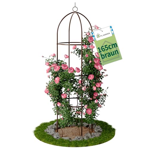 TTL Garden Obelisk Rankhilfe L 165x40cm braun - Rosen Rankgitter Metall rostfrei für Kletterpflanzen Rosen Clematis - pulverbeschichteter Stahl 165 cm hoch 40cm Ø Rankobelisk für Tomaten Gurken von TTL GARDEN
