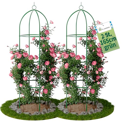 TTL Garden Obelisk Rankhilfe L 165x40cm grün 2er Set - Rosen Rankgitter Metall rostfrei für Kletterpflanzen Rosen Clematis - pulverbeschichteter Stahl 165 cm hoch 40cm Ø Rankturm Tomaten Gurken von TTL GARDEN