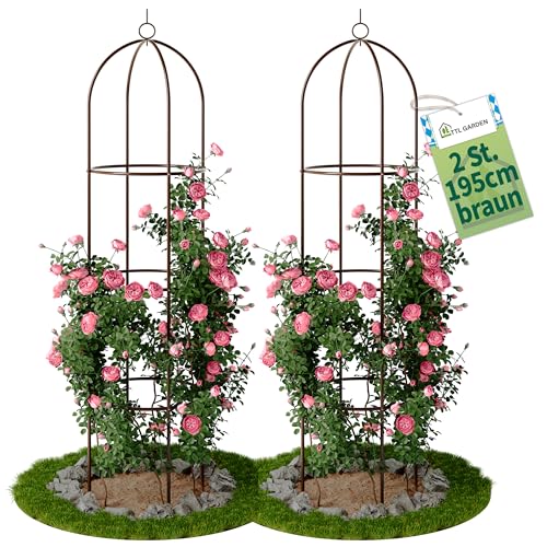 TTL Garden Obelisk Rankhilfe XL 195x40cm braun 2er Set - Rosen Rankgitter Metall rostfrei für Kletterpflanzen Rosen Clematis - pulverbeschichteter Stahl 195 cm hoch 40cm Ø Rankturm Tomaten Gurken von TTL GARDEN
