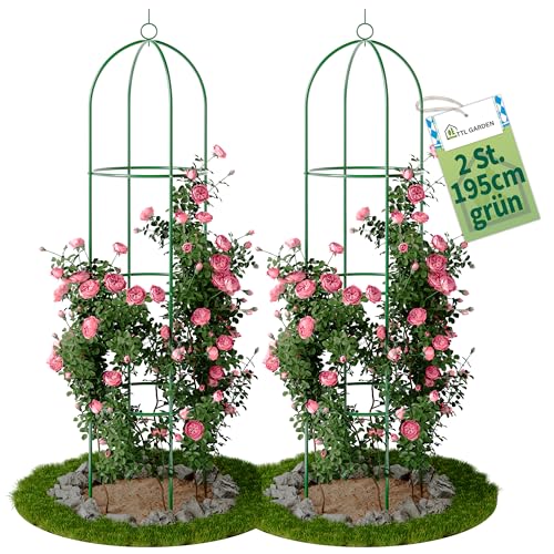 TTL Garden Obelisk Rankhilfe XL 195x40cm grün 2er Set - Rosen Rankgitter Metall rostfrei für Kletterpflanzen Rosen Clematis - pulverbeschichteter Stahl 195 cm hoch 40cm Ø Rankturm Tomaten Gurken von TTL GARDEN