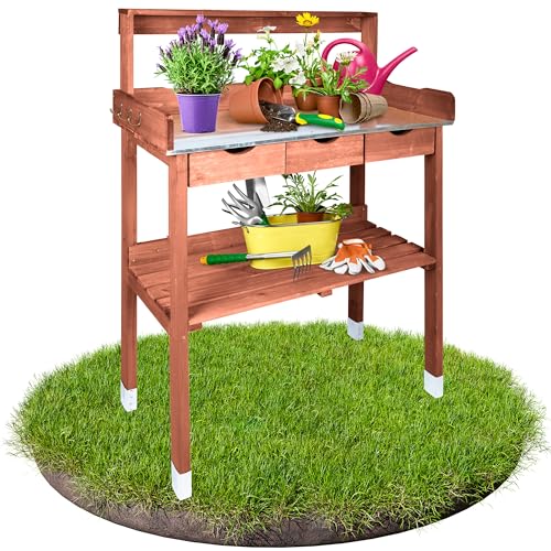 TTL Garden Pflanztisch Planter Deluxe mit 3 Schubladen + verzinkter Arbeitsplatte - Outdoor Gärtnertisch wetterfest mit Abstellboden & 6 Haken Tannenholz braun - Garten Balkon Terrasse Gewächshaus von TTL GARDEN