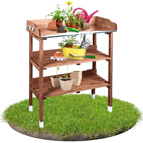 TTL Garden Pflanztisch Planter mit verzinkter Arbeitsplatte - Outdoor Gärtnertisch wetterfest mit 2 Abstellböden & 2 Hakenleisten mit 6 Haken Tannenholz braun - Garten Balkon Terrasse Gewächshaus von TTL GARDEN