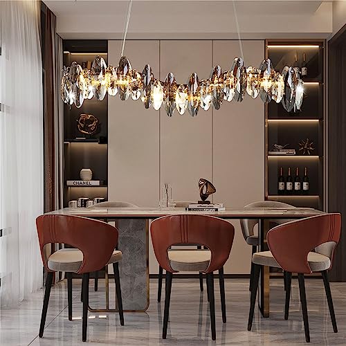 TTNAO Kristall Kronleuchter Luxus Gold Pendelleuchte Schön Grauer Funkelnder Kristall Blätter Modern Pendelleuchten für Kücheninsel Wohnzimmer Esszimmer Schlafzimmer Lampe,6-Flammig(Rectangular) von TTNAO