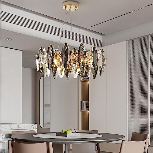 TTNAO Kristall Kronleuchter Luxus Gold Pendelleuchte Schön Grauer Funkelnder Kristall Blätter Modern Pendelleuchten für Kücheninsel Wohnzimmer Esszimmer Schlafzimmer Lampe,6-Flammig(Runden) von TTNAO