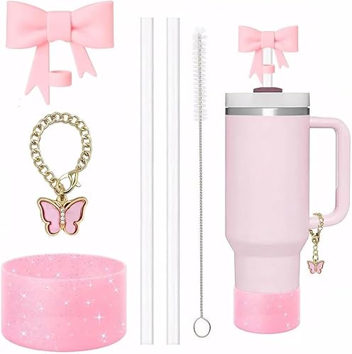 TTPSRY Schleife Trinkhalm Set Wiederverwendbare Strohhalme Edelstahl Thermobecher Zubehör mit Reinigungsbürste Schmetterlingsanhänger TTPSRY Schleife Trinkhalm Set Wiederverwendbare Strohhalme Edelstahl Thermobecher Zubehör mit Reinigungsbürste Schmetterlingsanhänger von TTPSRY