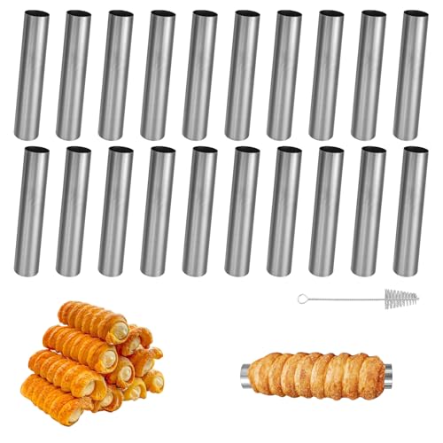TTQiAnJ 20 Stück Cannoli Backform,Edelstahl Cannoli Röhrchen 12 x 2cm,Antihaft Schillerlockenform mit Reinigungsbürste Schaumrollenformen für Sahnehorn Croissant Backform,Silber von TTQiAnJ