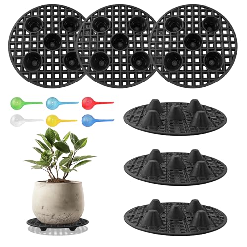 TTQiAnJ 6 Stück Pflanzen Untersetzer Gitter,Rund Blumentopfgitter Pad,Kunststoff Blumentopf Mesh Pads 20cm mit 6 STK Bewässerungsgeräte für Lnnen Balkon Outdoor Garten,Schwarz von TTQiAnJ
