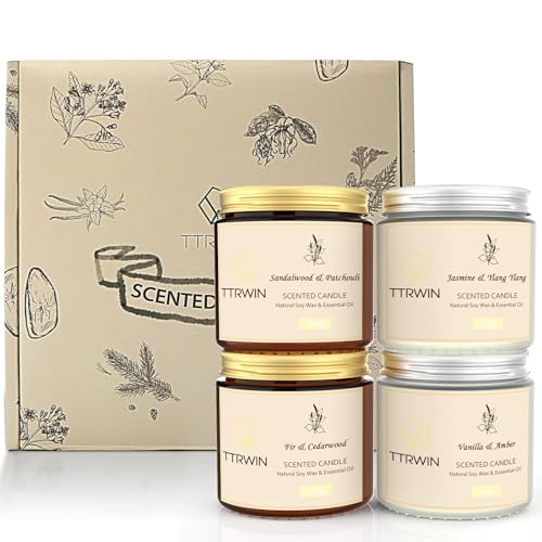 TTRWIN 4er Duftkerzen Set, Duftkerze Jasmin & Ylang Ylang, Sandelholz & Patchouli, Tannen & Zedernholz, Vanille & Bernstein, Duftkerze im Glas, Geschenk für Frauen Männer Weihnachts von TTRWIN