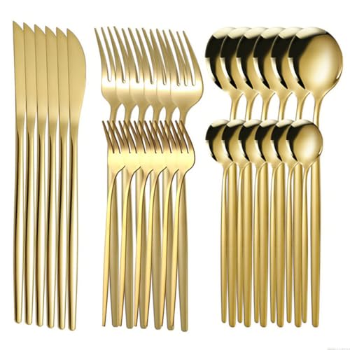 TTSTOIEE Besteckset für 6 Personen – Geschirrset 24-teiliges Edelstahl-Besteckset mit Messern, Gabeln und Löffeln, spülmaschinenfest | Geeignet für Hochzeiten, Bankette und Familienessen,golden von TTSTOIEE