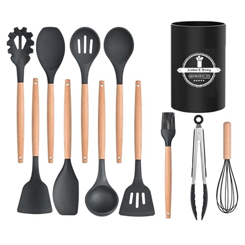 TTSTOIEE Küchenhelfer Set,12-teilig küchenutensilien set,Mit Kochlöffel & Pfannenwender aus Silikon und Holz kochutensilien set（Schwarz） von TTSTOIEE