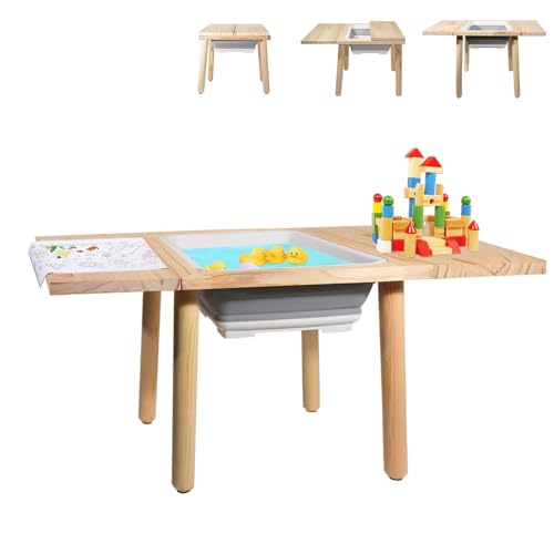 TTSZNB Sensorischer Holztisch für Kleinkinder 1–3, mit einem klappbaren, verstellbaren Schreibtisch, Kindertisch mit Aufbewahrungsbehältern, aus Kiefernholz von TTSZNB