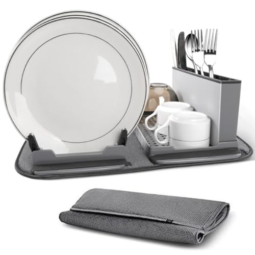 TTW Geschirr Abtropfgestell und Mikrofaser Abtropfmatte Abtropfgitter & Unterlage 2 in 1 Abtropfständer für Teller & Gläser kleine Küche, Wohnmobil oder Camping (41,5 cm x 33 cm) von TTW