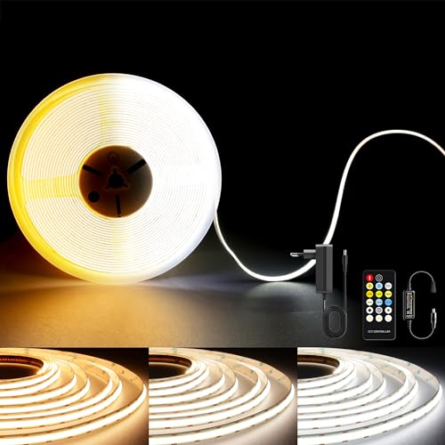 TTWAY CCT COB LED Streifen 3M, Dimmbar 2700K- 6500K 24V einstellbare weiße lichtleisten led Lichter Set mit RF Steuerung und Adapter, 608LEDs/m CRI93+ Daul weiße LED Strip für Innen,zimmer, DIY. von TTWAY