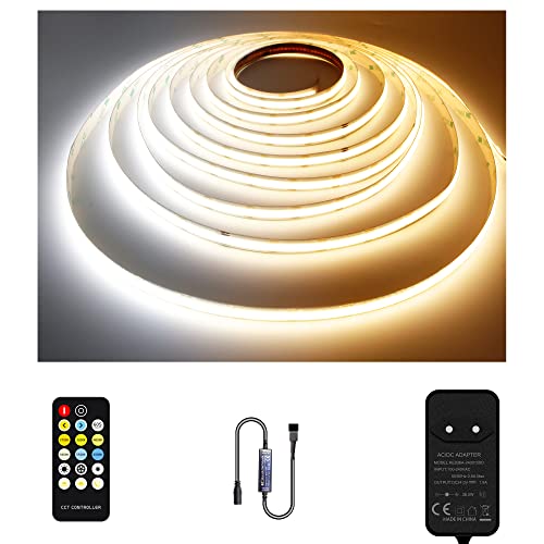 TTWAY CCT COB LED Streifen 5M, Dimmbar 2700K- 6500K 24V einstellbare weiße Band Streifen Lichter Set mit RF Steuerung und Adapter, 608LEDs/m CRI93+ Daul weiße LED Streifen für Innen,zimmer, DIY. von TTWAY