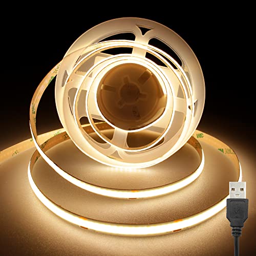 TTWAY USB COB LED Streifen 2M, 5V 3000K LED Streifen mit 320LEDs/M, CRI 90+, 8mm Breite, LED Strip Warmweiße für TV-Hintergrundbeleuchtung, Spiegel, Kleiderschrank, Treppe, DIY Licht, Heimdekoration von TTWAY