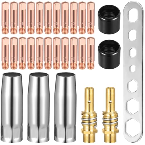 TTYSHIP® 30 Stk Verschleißteile Set, MIG MAG Verschleißteile Set Passend MB15AK, 3 x Gasdüsen, 22 x Stromdüse M6 0,8mm, 2 x Düsenstock, 2 x Isolator, 1 x Werkzeug von TTYSHIP