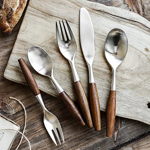 TTiiLoe 5-teiliges Löffel-Gabel-Messer-Besteck-Set mit Holzgriff, Edelstahl-Besteck-Set for Picknick-Partys, Reisen, Camping oder Wandern von TTiiLoe