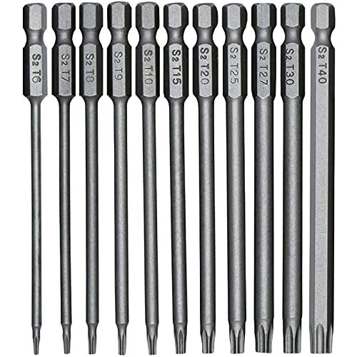 TUAKIMCE 11 Stück Torx Schraubendreher Bit Set 100mm Lang 1/4" Magnetisch Sternenkopf Schraubenziehe Set T6-T40 Lang Sechskant Schaft Elektrische Torx Bits Satz Werkzeuge von TUAKIMCE