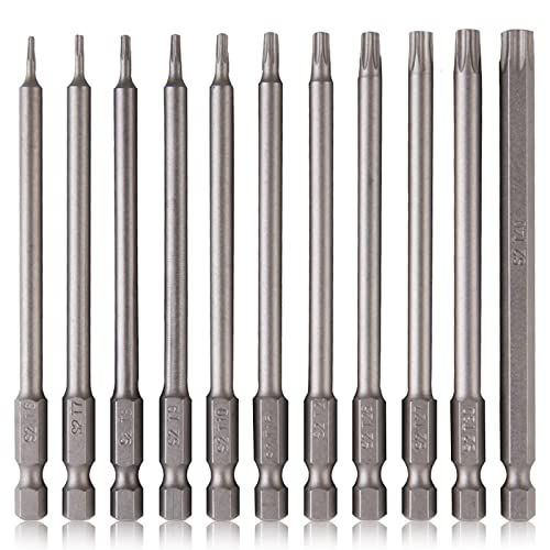 TUAKIMCE 11 Stück Torx lang Schraubendreher Bit Set 1/4" Magnetisch Sternenkopf Schraubenziehe Set T6-T40 100mm Lang Sechskant Schaft Elektrische Torx Bits Satz Werkzeuge von TUAKIMCE