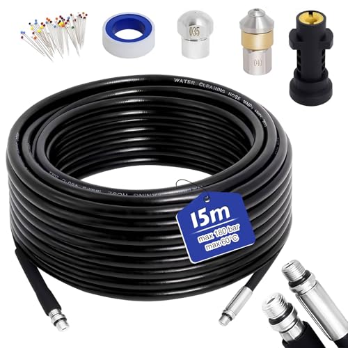 TUAKIMCE Rohrreinigungsschlauch 15m für Kärcher K2 K3 K4 K5 K6 K7，180bar 60°C Rohrreinigungs Set，Hochdruckreiniger Hochdruckschlauch für Verstopfung und Reinigung des Abflusses von TUAKIMCE
