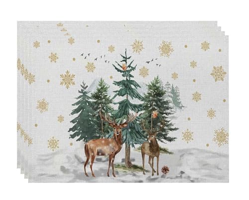 4er Set Platzset Weihnachten Tischset Weihnachten Leinen Platzdeckchen 30x45cm Winter Tischsets mit Kiefern Elch Schneeflocken Weihnachtsdeko (03) von TUANMOZI