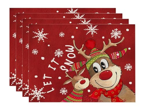 4er Set Platzset Weihnachten Tischset Weihnachten Leinen Platzdeckchen 30x45cm Winter Tischsets mit Kiefern Elch Schneeflocken Weihnachtsdeko (11) von TUANMOZI