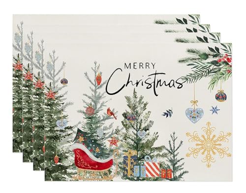4er Set Platzset Weihnachten Tischset Weihnachten Leinen Platzdeckchen 30x45cm Winter Tischsets mit Kiefern Elch Schneeflocken Weihnachtsdeko (22) von TUANMOZI