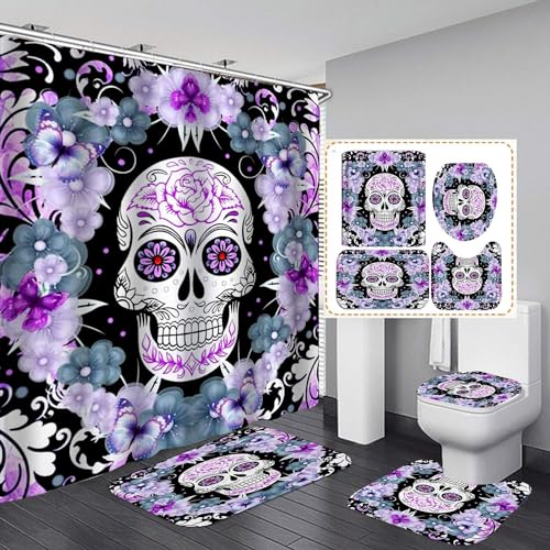 TUBBLI Halloween Duschvorhang Set Skull Totenkopf Duschvorhang Skelett Wasserdichter Stoff, Badezimmer-Dekor-Set Mit Haken,4pcs Toilettendeckelabdeckung Badematte (A2,150x180CM) von TUBBLI