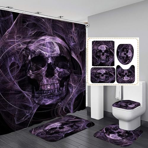 TUBBLI Duschvorhang Totenkopf Halloween Duschvorhang Set Skull Totenkopf duschvorhang Set 150X180 cm Totenkopf deko duschvorhang Wasserdichter Stoff, Badezimmer-Dekor-Set Mit Haken 4pcs(A7,150x180CM) von TUBBLI
