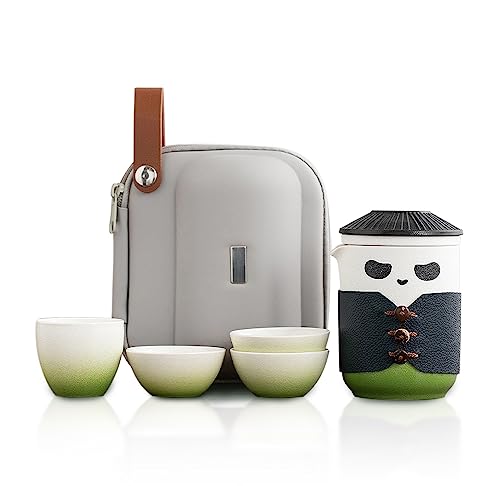 TUCHACA Reise Tee Set, niedliche Panda Tee Tasse mit tragbarer Tasche, 350ml Keramik Gongfu Teekanne mit 4 Keramik Teetassen, mit Tee Sieb. Verwenden Sie für Home Office, Geschenk für Teeliebhaber. von TUCHACA