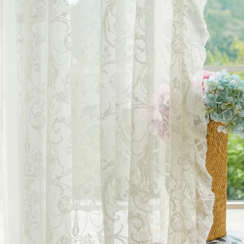 TUDECO Kurze Cottagecore-Spitzenvorhänge, 160 cm Länge, Bestickt, durchscheinend, Rüschen, Blumenvorhänge für Schlafzimmer, Nersurie, Vintage-Stil, Stangentaschen, cremefarben, 2 Stoffbahnen, 150 x TUDECO Kurze Cottagecore-Spitzenvorhänge, 160 cm Länge, Bestickt, durchscheinend, Rüschen, Blumenvorhänge für Schlafzimmer, Nersurie, Vintage-Stil, Stangentaschen, cremefarben, 2 Stoffbahnen, 150 x von TUDECO