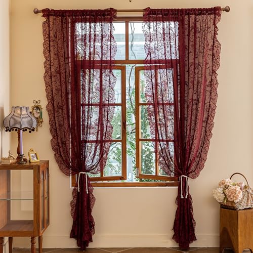 TUDECO Lace Maroon Curtains 96 Inches Long 1 Pair - French Floral Phoenix Sheer Voile Curtains for Living Room, Art Deco Privacy Rod Pocket Ruffled Edges Dark Wine Red Drapes, 150.0 cm X 244.8 cm TUDECO Lace Maroon Curtains 96 Inches Long 1 Pair - French Floral Phoenix Sheer Voile Curtains for Living Room, Art Deco Privacy Rod Pocket Ruffled Edges Dark Wine Red Drapes, 150.0 cm X 244.8 cm von TUDECO