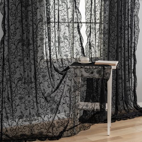 TUDECO Schwarze Gothic-Vorhänge für Schlafzimmer, skurrile durchsichtige Spitzenvorhänge, 183 cm Länge, Vintage-Blumenmuster, stimmungsvolle Halloween-Vorhänge, Privatsphäre, Stangentasche TUDECO Schwarze Gothic-Vorhänge für Schlafzimmer, skurrile durchsichtige Spitzenvorhänge, 183 cm Länge, Vintage-Blumenmuster, stimmungsvolle Halloween-Vorhänge, Privatsphäre, Stangentasche von TUDECO