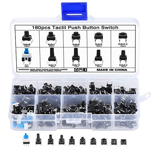 SHEENO 180 PCS Taktiler Drucktastenschalter,10 Types Button Micro Tactile Switch von TUDOU