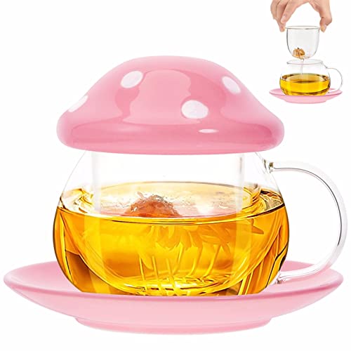 Mushroom Cup, Pilz Tasse Mit Deckel, Mushroom Mug, Pilz Glas, Glass Cup With Lid, Mit Untersetzer. Tassendeckel. Teesieb, 290ml (rosa.) von TUHNHGD