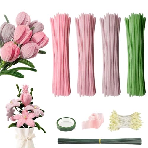 Pfeifenputzer Blumen Set, Pfeifenreiniger Zum Basteln, Pipe Cleaner Flower Set, Pfeifenreiniger Blumen, Mit Grüne Blumenstöcke, Klebebandrollen, Bänder, Staubgefäße Etc, Für DIY Basteln Und Dekorieren von TUIBEIDAMAI